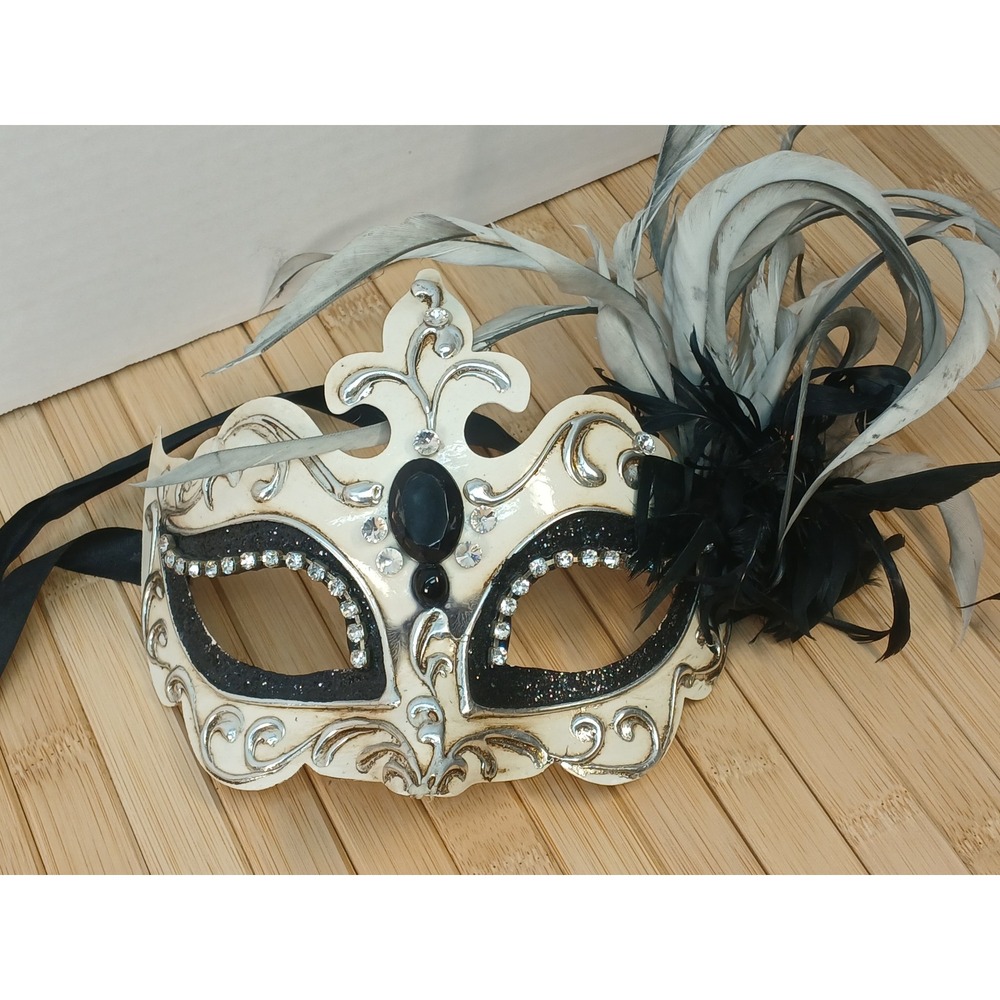 Pier 1 Hand Painted Italy Masquerade Nica Mask Silver Black Feather Rhinestone